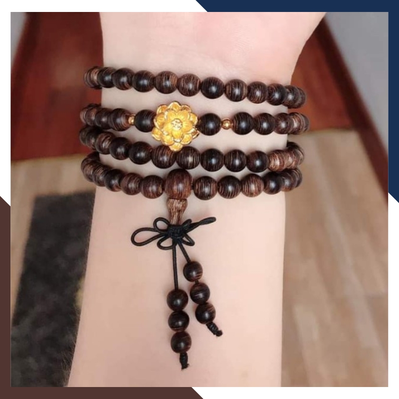 Vòng trầm hương nữ 108 hạt mix charm hoa sen vàng 24k mã AC2850