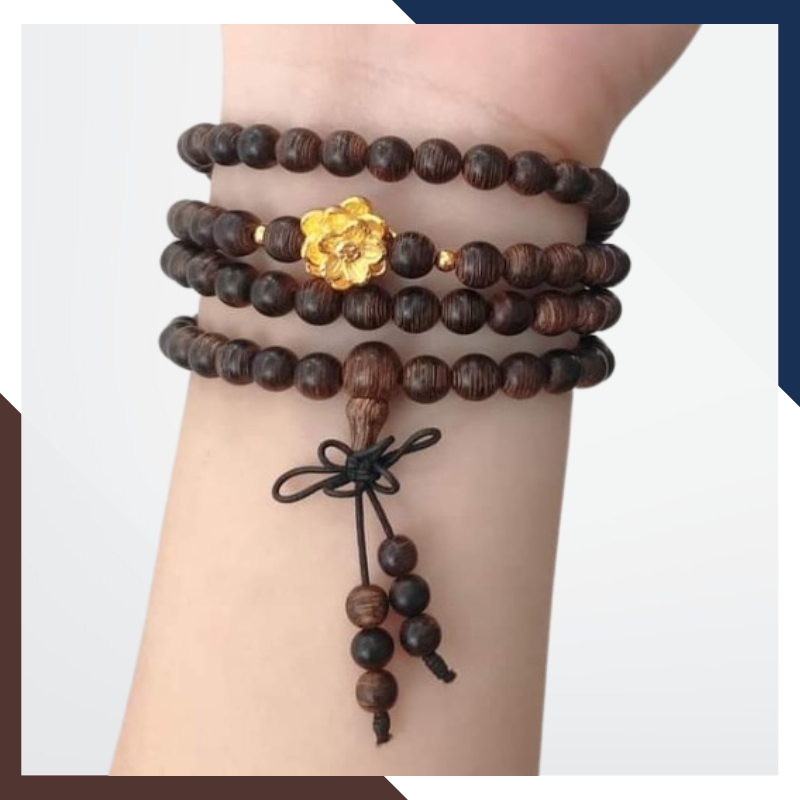 Vòng trầm hương nữ 108 hạt mix charm hoa sen vàng 24k mã AC2850