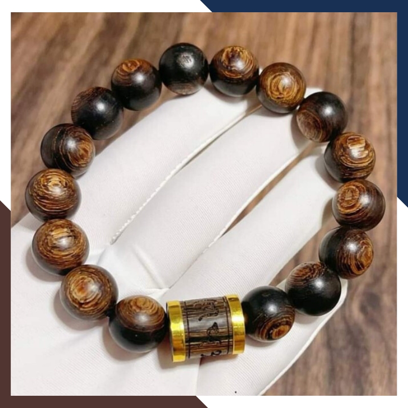 Vòng tay trầm hương nam bọc vàng tây 10k chữ phúc lộc thọ mã 720B950