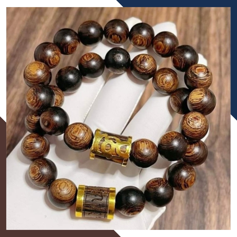 Vòng tay trầm hương nam bọc vàng tây 10k chữ phúc lộc thọ mã 720B950