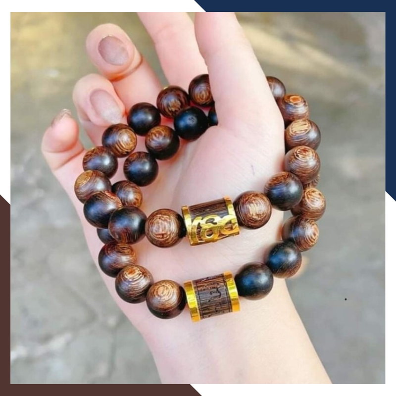 Vòng tay trầm hương nam bọc vàng tây 10k chữ phúc lộc thọ mã 720B950