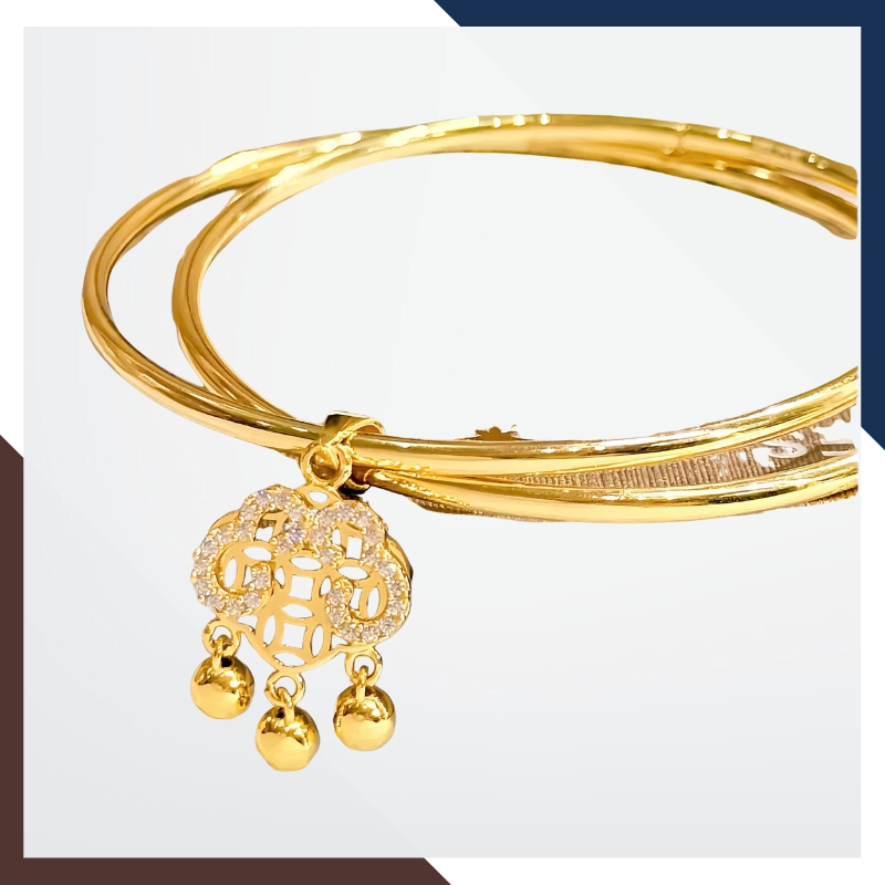 Vòng tay vàng nữ trơn LTVN217 – kiểu 2 vòng đôi phối khóa trường mệnh Bình an, thịnh vượng & trường thọ