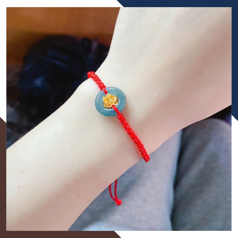 VTDPT56 – Vòng Dây Đỏ Lam Ngọc Donut & Sen Vàng 24K đúc rỗng 3D