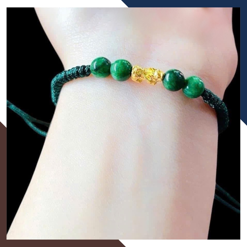 VTDPT57 – Vòng Tỳ Hưu 24K Trung Tâm Đối Xứng Dây Chỉ Xanh