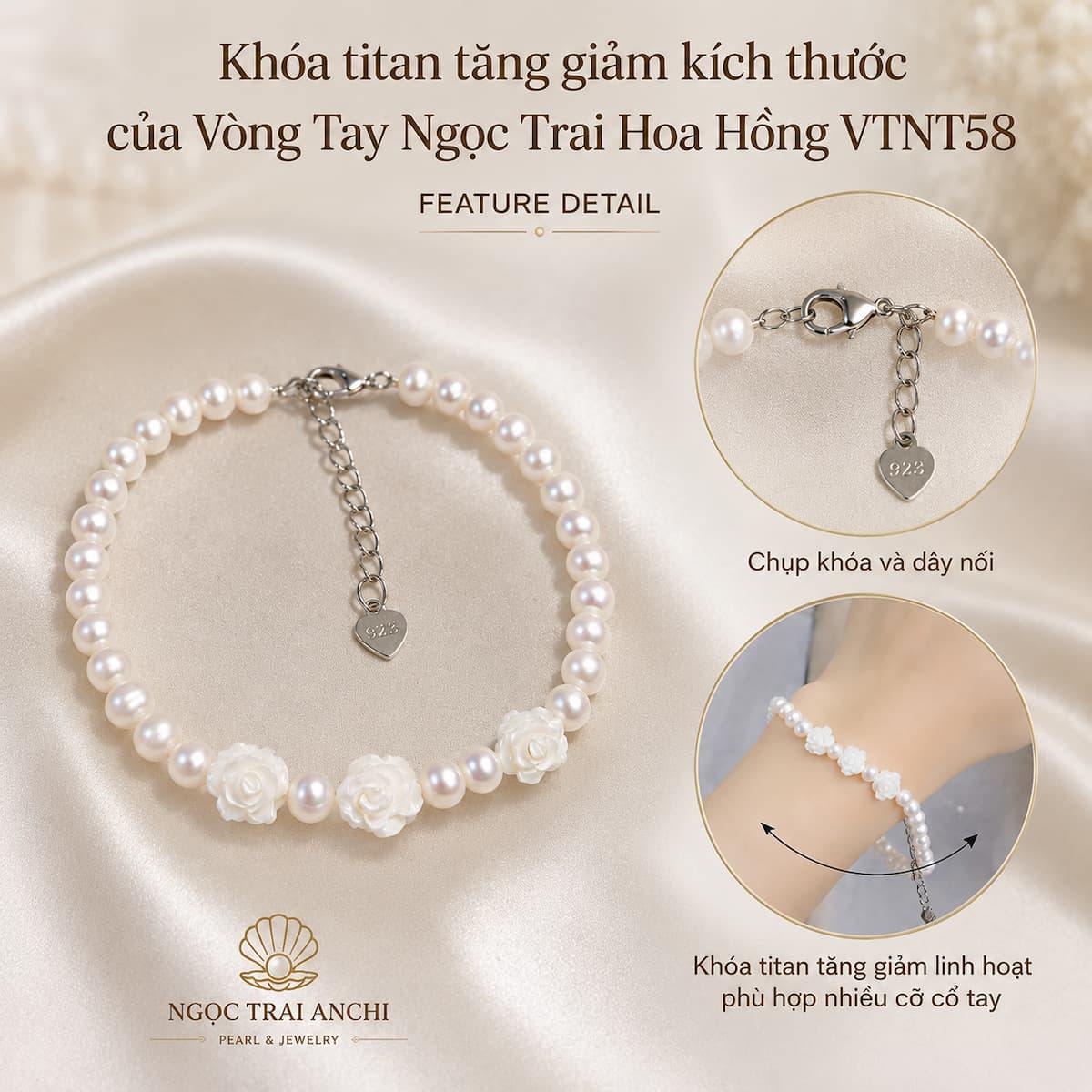 Vòng Tay Ngọc Trai VTNT59 Charm Cỏ 4 Lá Khảm Trai May Mắn Cho Nữ