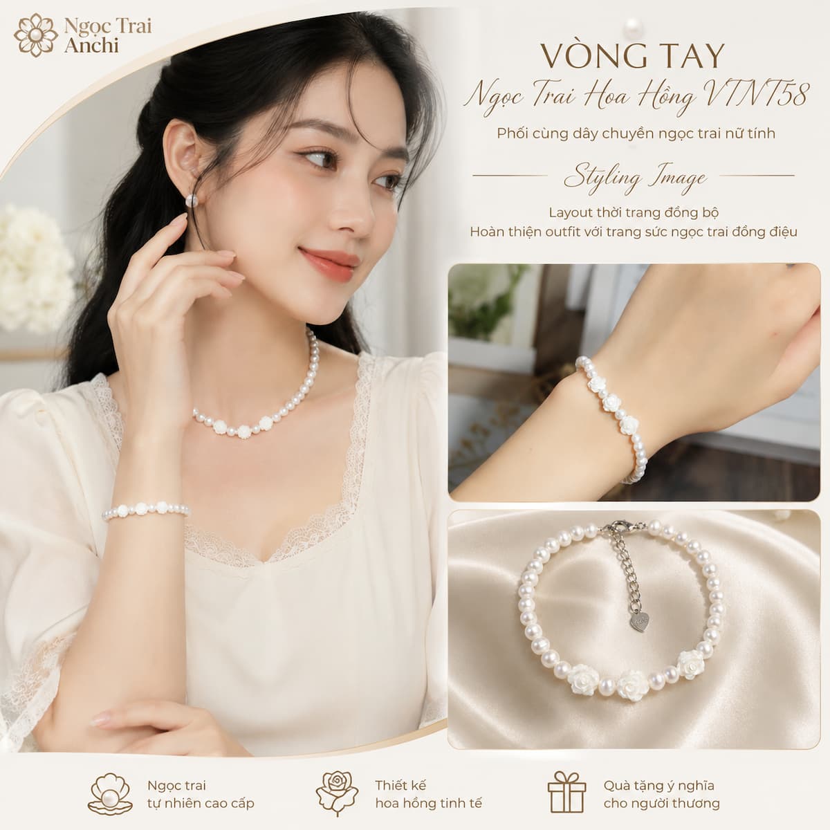 Vòng Tay Ngọc Trai VTNT59 Charm Cỏ 4 Lá Khảm Trai May Mắn Cho Nữ