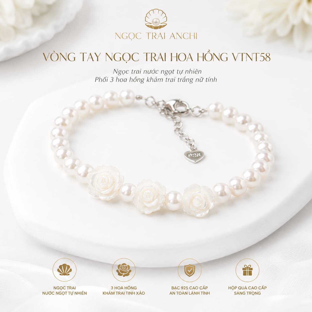 Vòng Tay Ngọc Trai VTNT59 Charm Cỏ 4 Lá Khảm Trai May Mắn Cho Nữ