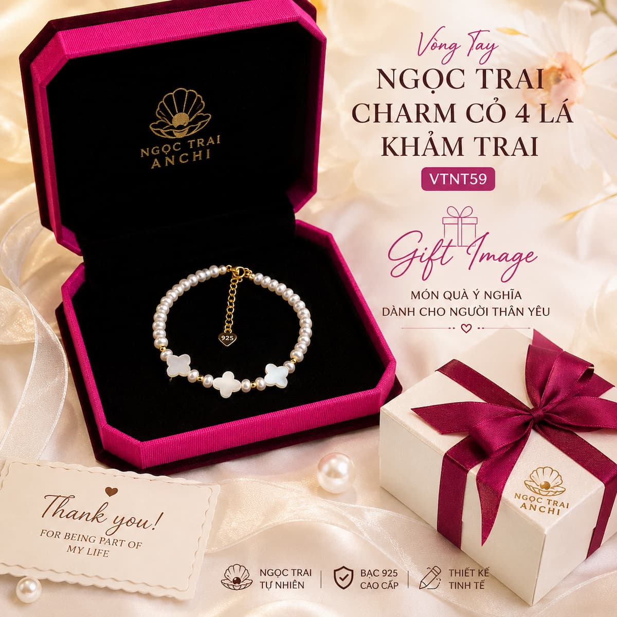 Vòng Tay Ngọc Trai Charm Bướm VTNT60 Bạc 925 Mạ Vàng – Ngọc Trai Tự Nhiên Thanh Lịch Cho Nữ