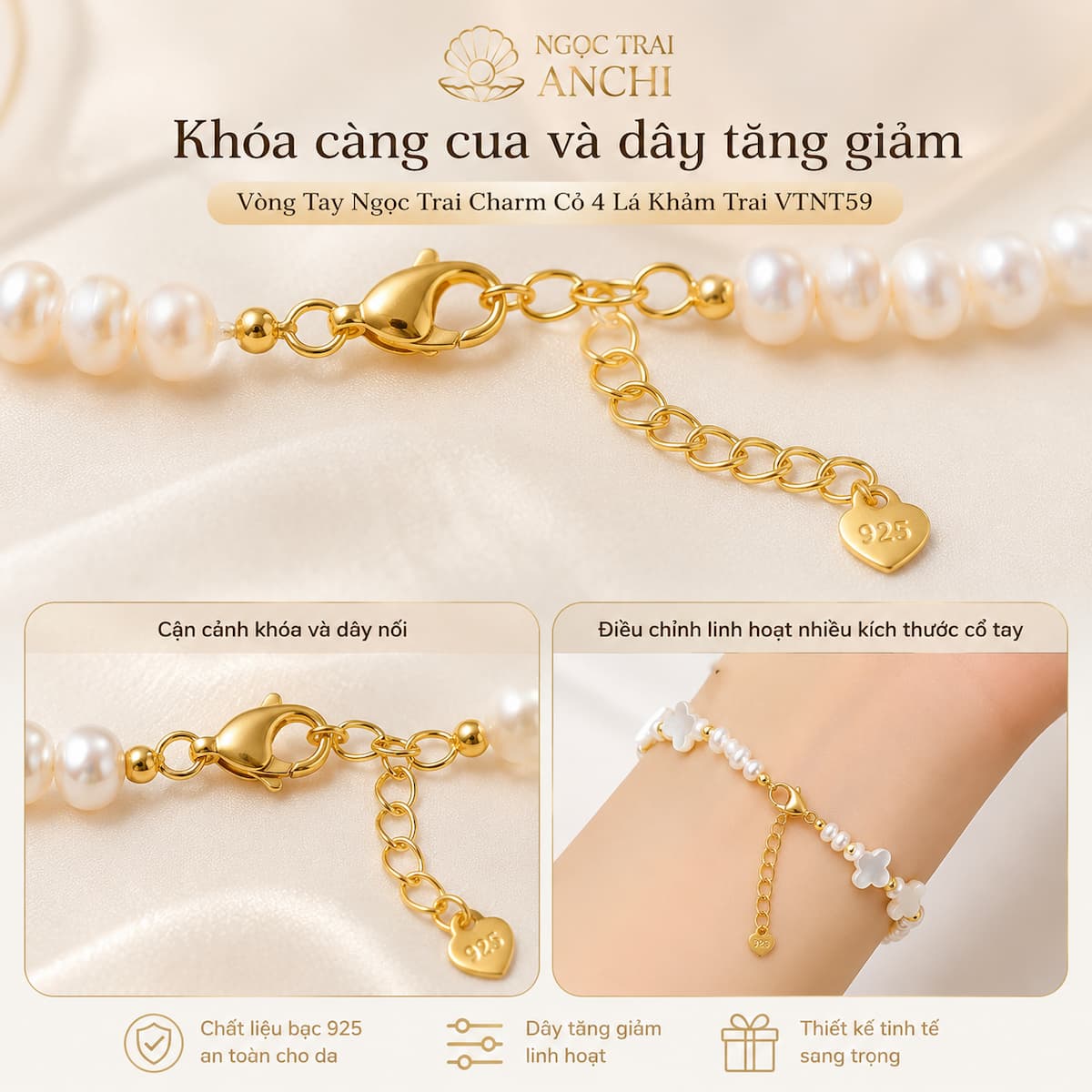 Vòng Tay Ngọc Trai Charm Bướm VTNT60 Bạc 925 Mạ Vàng – Ngọc Trai Tự Nhiên Thanh Lịch Cho Nữ