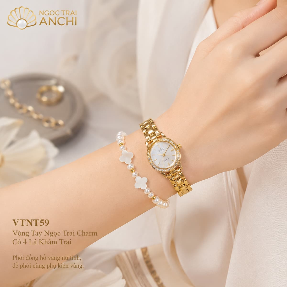 Vòng Tay Ngọc Trai Charm Bướm VTNT60 Bạc 925 Mạ Vàng – Ngọc Trai Tự Nhiên Thanh Lịch Cho Nữ
