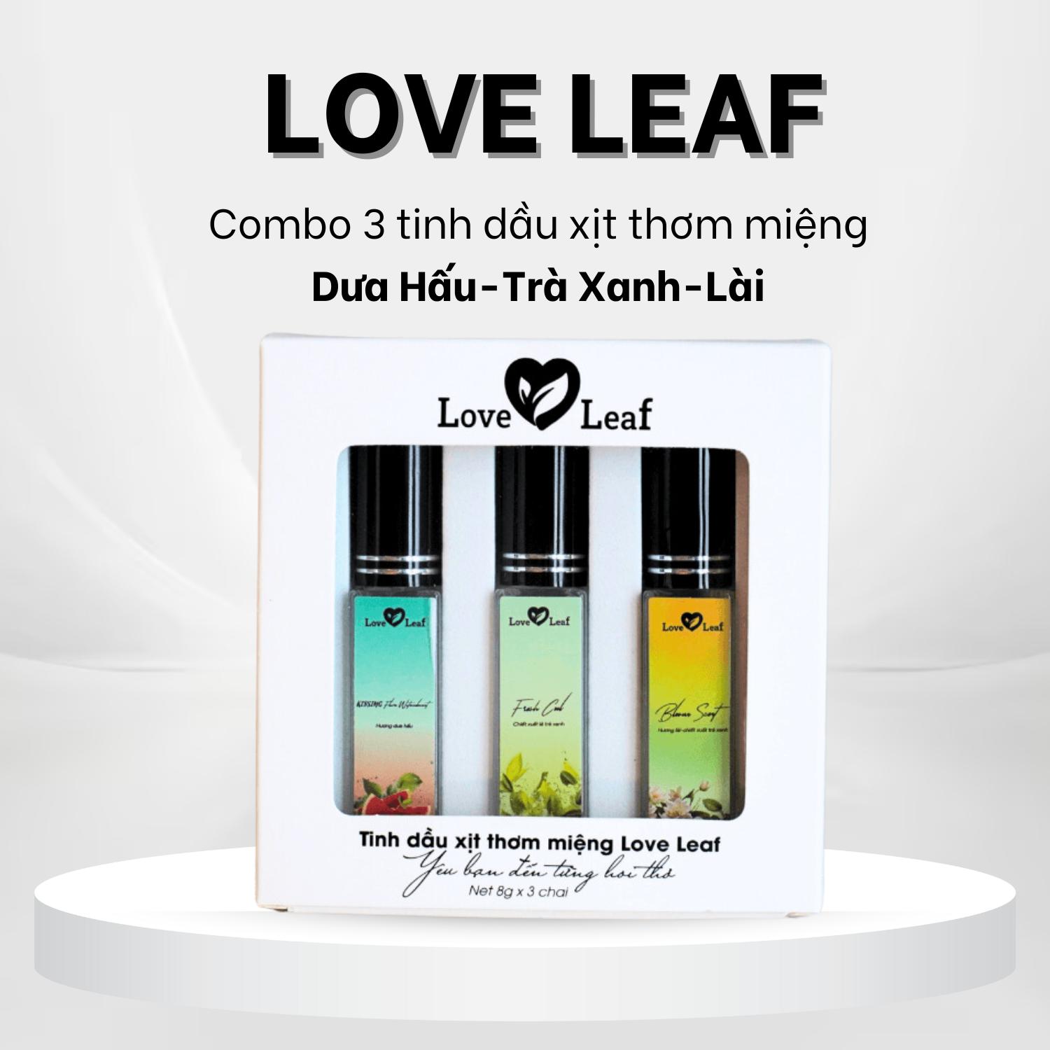 [Choco-Lài-Trà Xanh] Combo 3 chai Xịt thơm miệng Love Leaf Thơm Mát, Hộp 3 chai