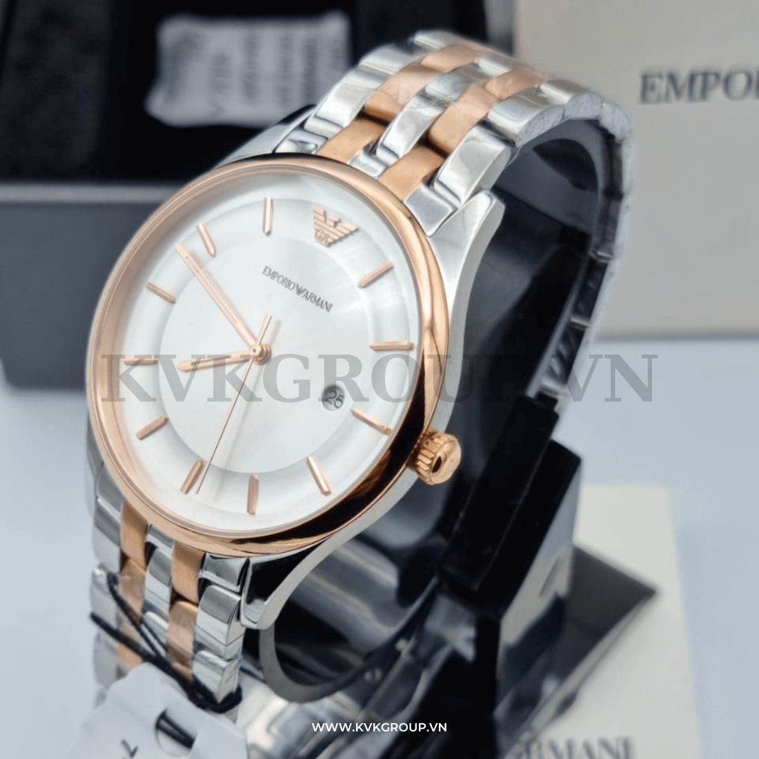 ng h EMPORIO ARMANI nam AR11044 Sliver Rose Gold Tone Watch 43mm