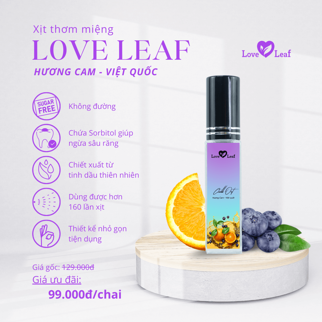 Chai Xịt Thơm Miệng Love Leaf Hương Cam - Việt Quất Khoảnh Khắc Thư Giãn, Chai 8gr