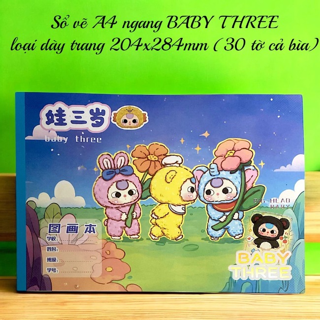 Sổ vẽ A4 ngang BABY THREE  loại dày trang 204x284mm