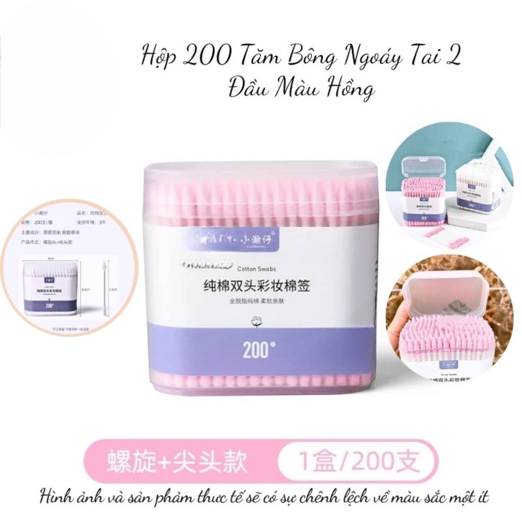 Hộp 200 Tăm Bông Ngoáy Tai 2 Đầu Màu Hồng