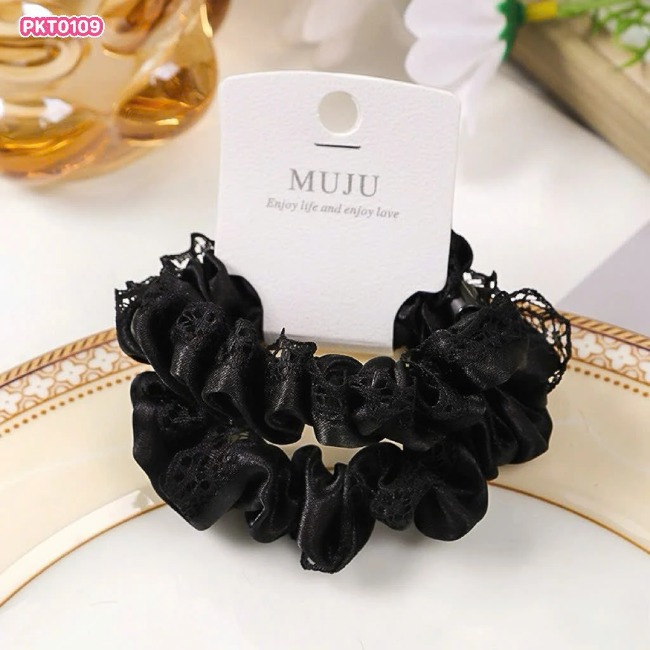 Set 2 Dây Cột Tóc Vải Xếp Ly Ren Đen No.MJ01