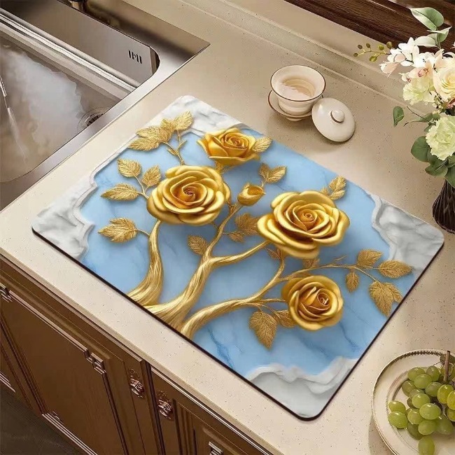 Miếng lót bàn ăn bằng bùn diatom họa tiết hoa 3D 30x40cm M1