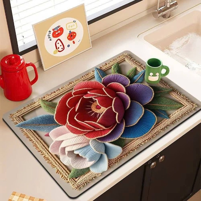 Miếng lót bàn ăn bằng bùn diatom họa tiết hoa 3D 30x40cm M2