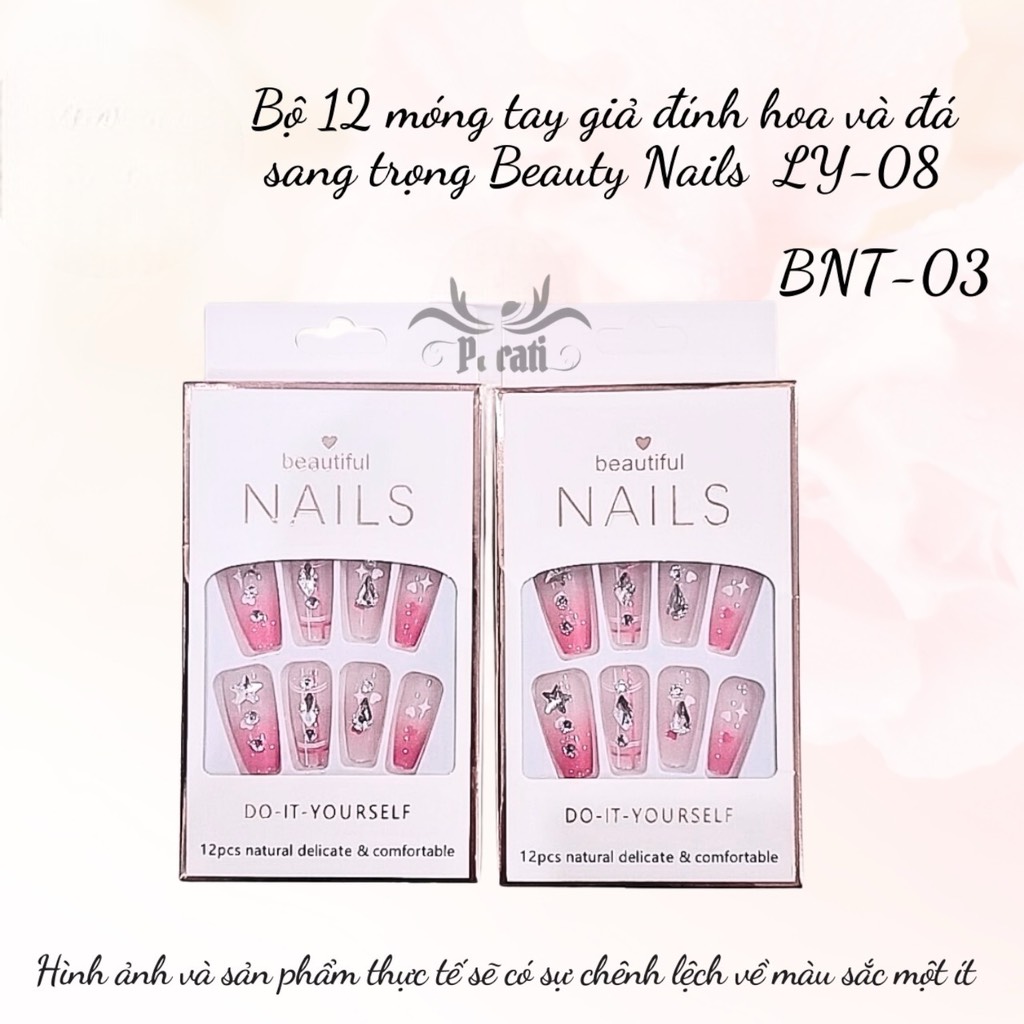 Bộ 12 móng tay giả đính hoa và đá Beautiful Nails LY-08 kèm keo dán