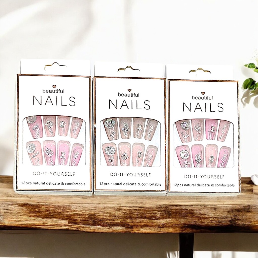 Bộ 12 móng tay giả đính hoa và đá Beautiful Nails LY-08 kèm keo dán