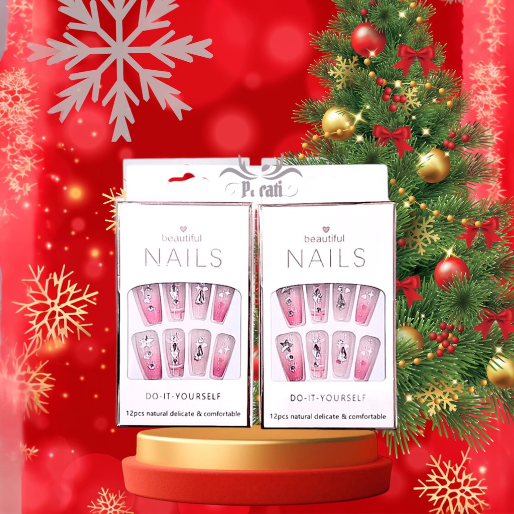 Bộ 12 móng tay giả đính hoa và đá Beautiful Nails LY-08 kèm keo dán