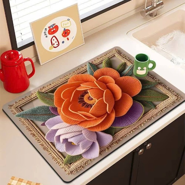 Miếng lót bàn ăn bằng bùn diatom họa tiết hoa 3D 30x40cm M2