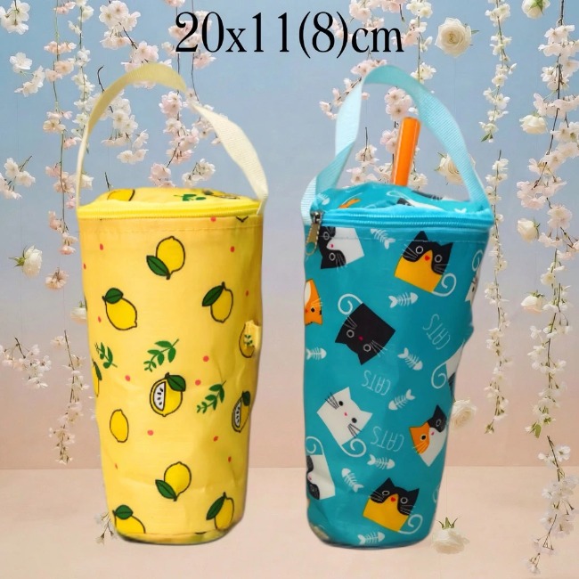T10.Túi vải giữ nhiệt đựng ly,bình nước hoạ tiết caro hoạt hình có quai