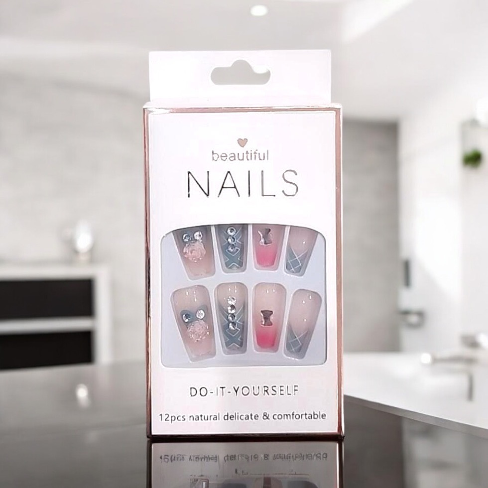 Bộ 12 móng tay giả đính hoa và đá Beautiful Nails LY-08 kèm keo dán