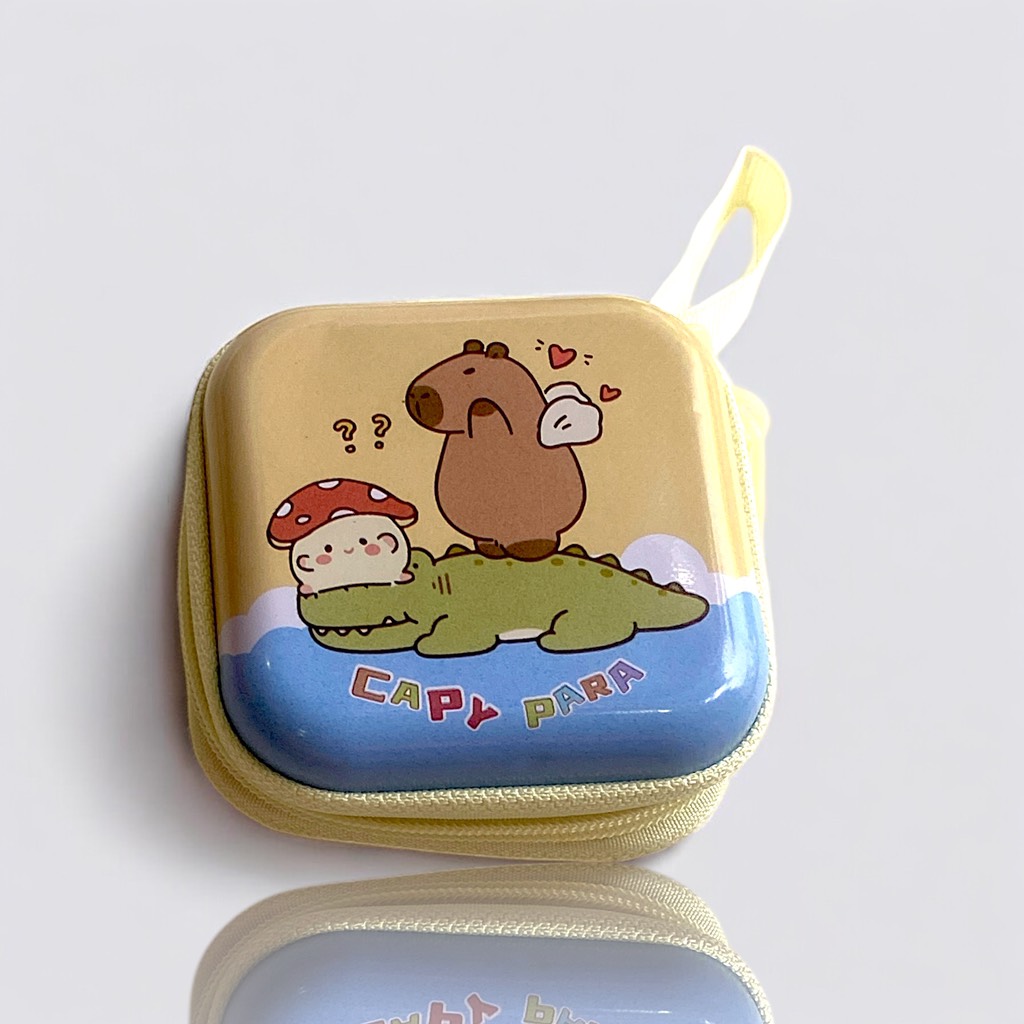 Hộp đựng tai nghe, phụ kiện khóa kéo 2 đầu họa tiết capybara 7*7*3cm