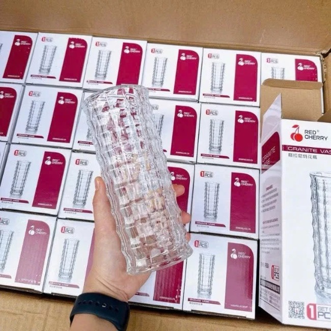 Bình/lọ hoa thuỷ tinh dáng trụ vân nổi (20x8cm)