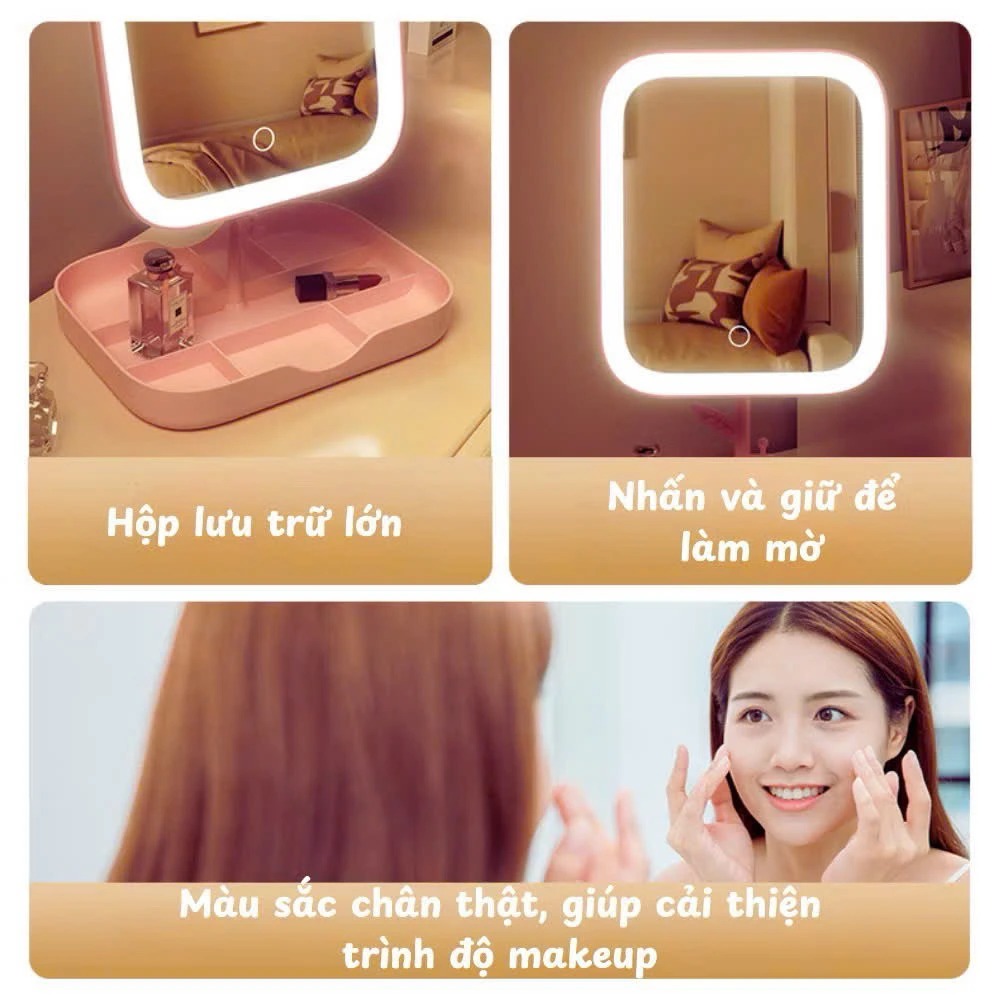 PN. Gương đèn led vuông cảm ứng 3 chế độ ánh sáng có khay đựng đồ