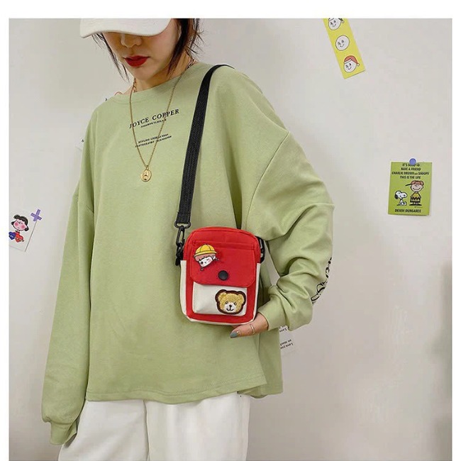 T10. Túi vải canvas đeo chéo họa tiết gấu 12,5*16,5*4,5cm