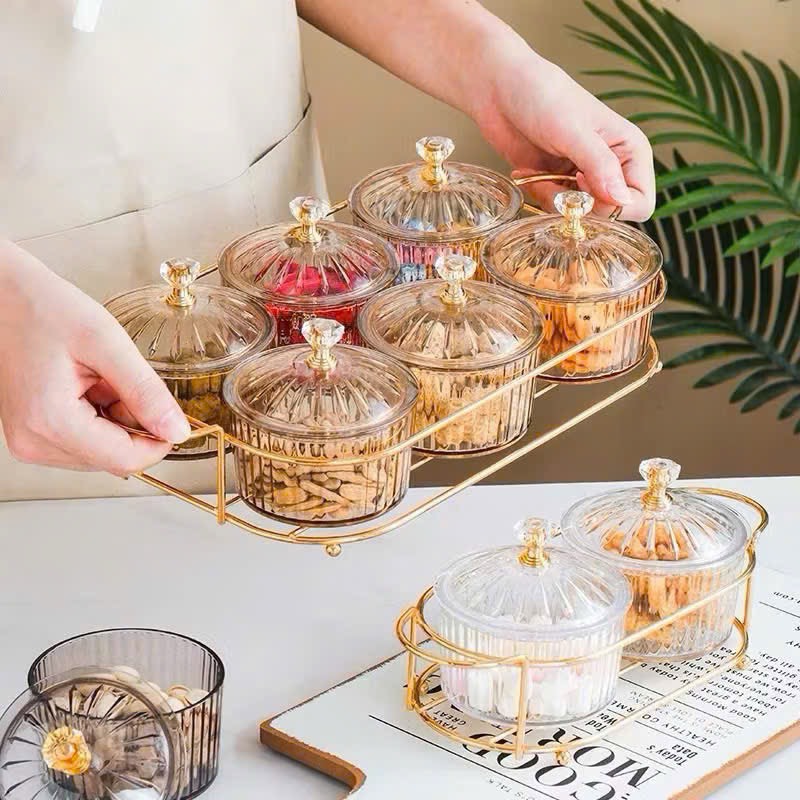 Bộ Khay 6 Hũ Đựng Mứt Tết Nhựa Màu Trà