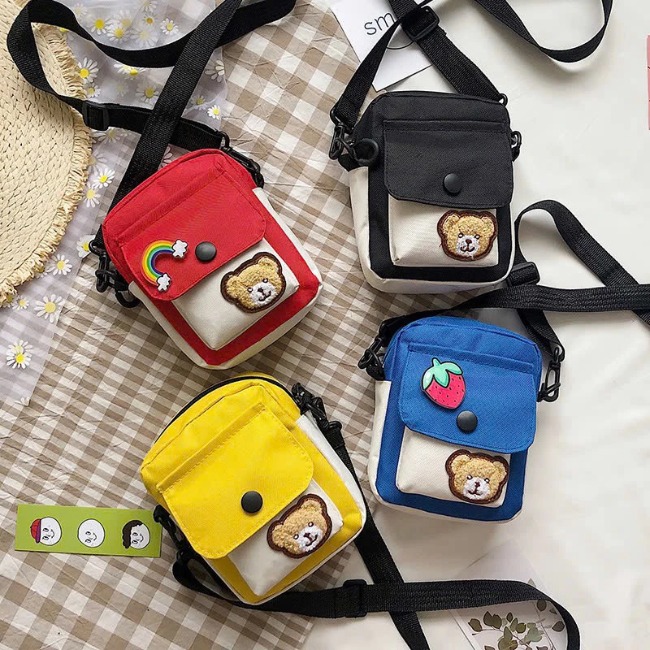 T10. Túi vải canvas đeo chéo họa tiết gấu 12,5*16,5*4,5cm