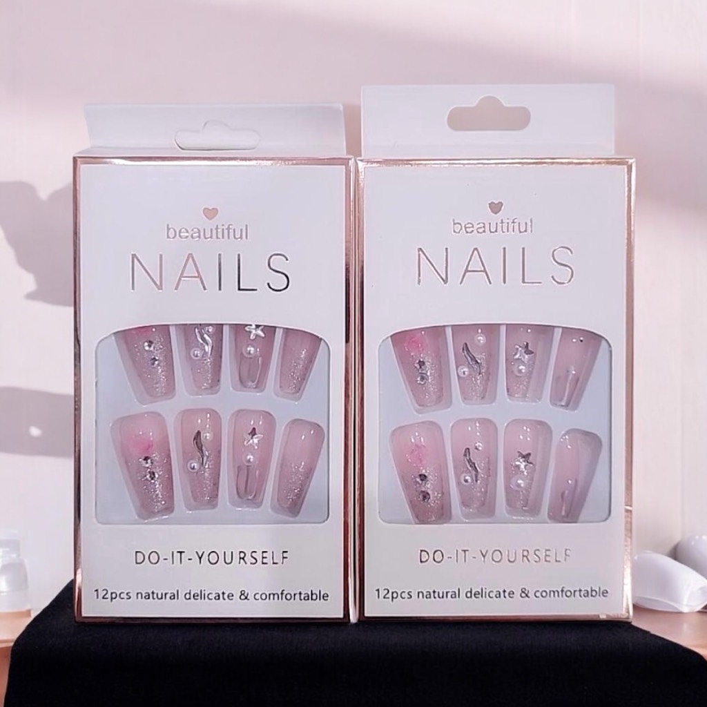 Bộ 12 móng tay giả đính hoa và đá Beautiful Nails LY-08 kèm keo dán