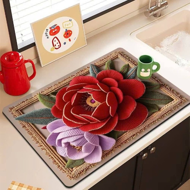 Miếng lót bàn ăn bằng bùn diatom họa tiết hoa 3D 30x40cm M2