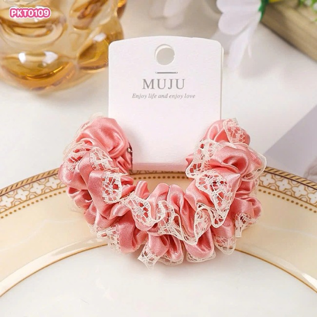 Set 2 Dây Cột Tóc Vải Xếp Ly Ren Đen No.MJ01