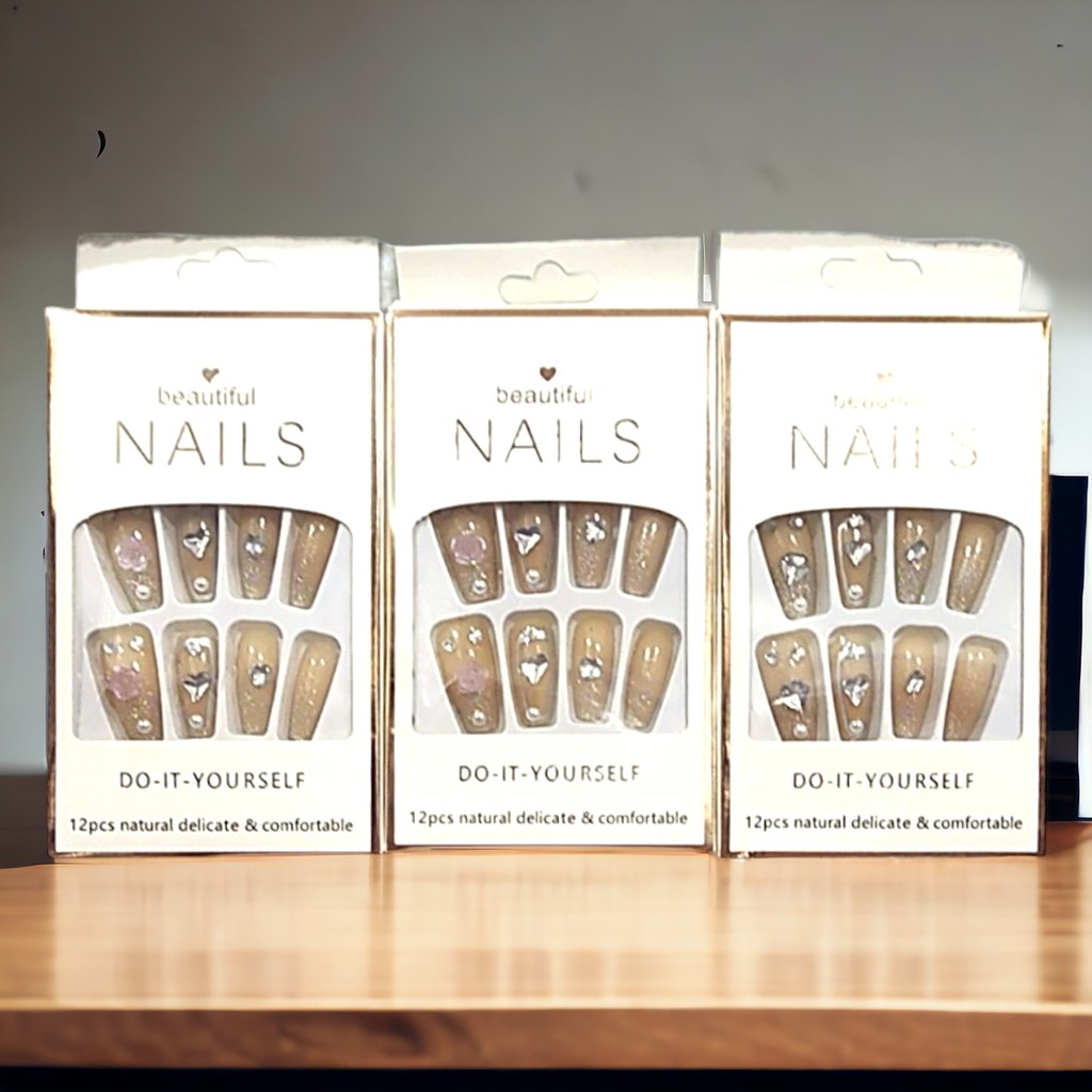 Bộ 12 móng tay giả đính hoa và đá Beautiful Nails LY-08 kèm keo dán