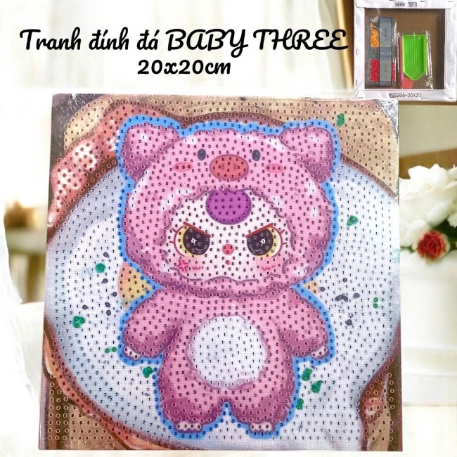 Tranh đính đ.á size 20x20cm khung gỗ, hình nhân vật dễ thương kèm màu