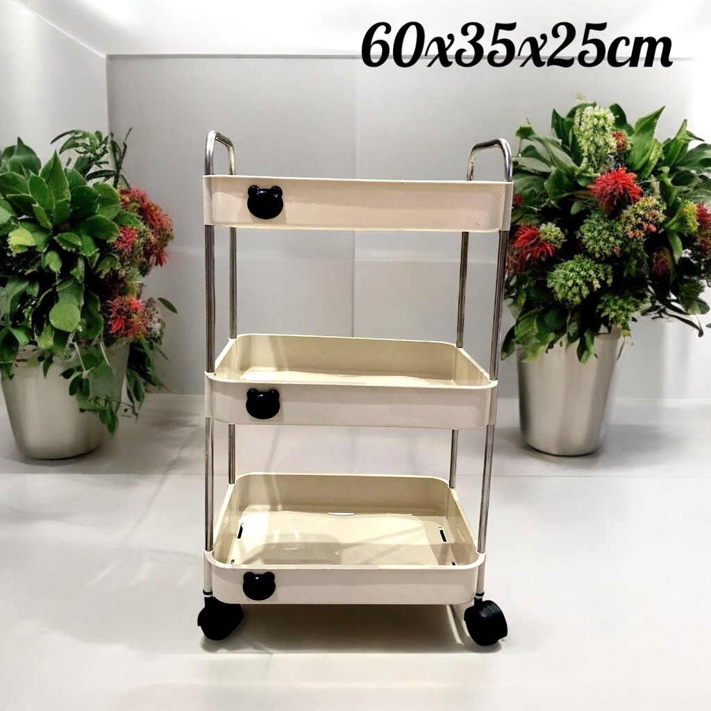 Kệ đẩy 3 tầng hình gấu có bánh xe màu trắng sữa