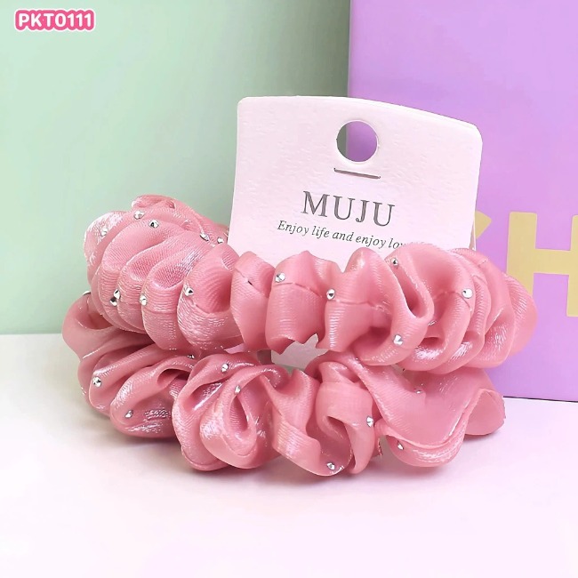 14.3 Set 2 Dây Cột Tóc Vải Voan, Xếp Ly Đính Hạt Lấp Lánh