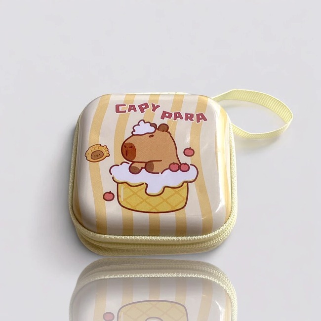 Hộp đựng tai nghe, phụ kiện khóa kéo 2 đầu họa tiết capybara 7*7*3cm
