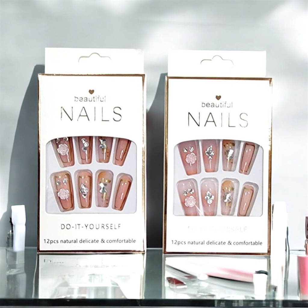 Bộ 12 móng tay giả đính hoa và đá Beautiful Nails LY-08 kèm keo dán