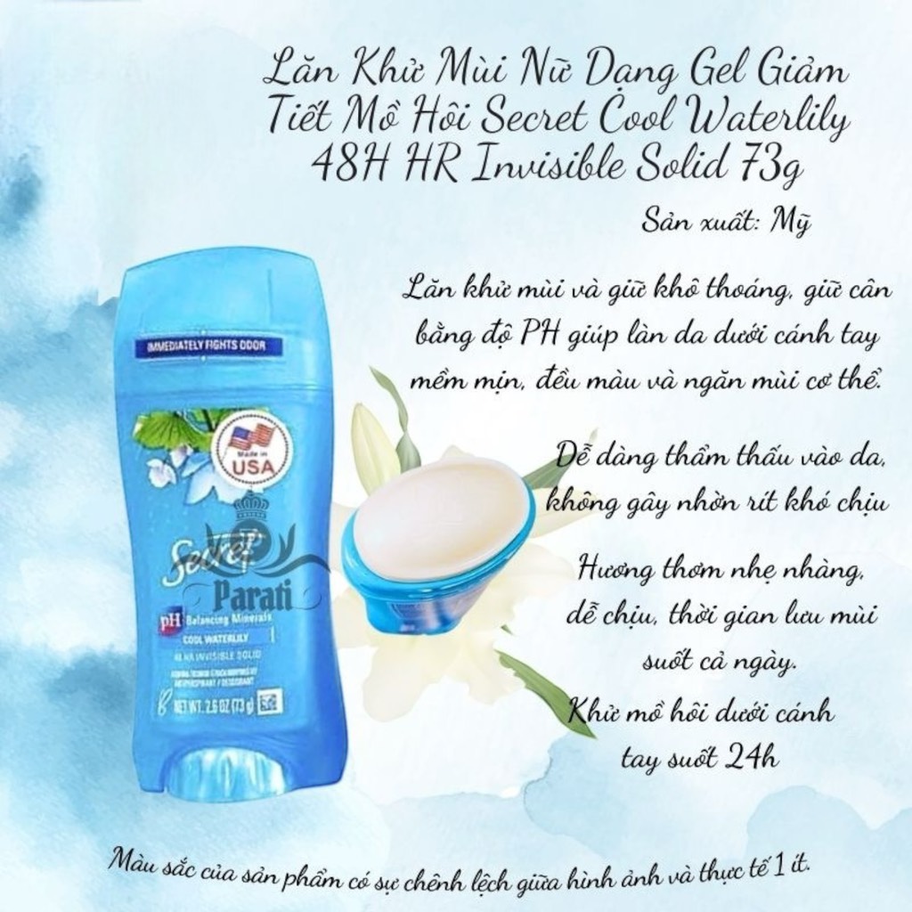 Lăn Khử Mùi Nữ Dạng Gel Giảm Tiết Mồ Hôi Secret 48H HR 73g