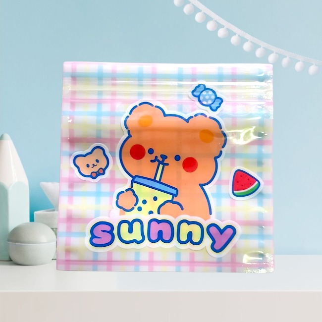 Sét 5 cái túi zip hoạt hình gấu thỏ kẻ caro dễ thương 13.5x13.5cm