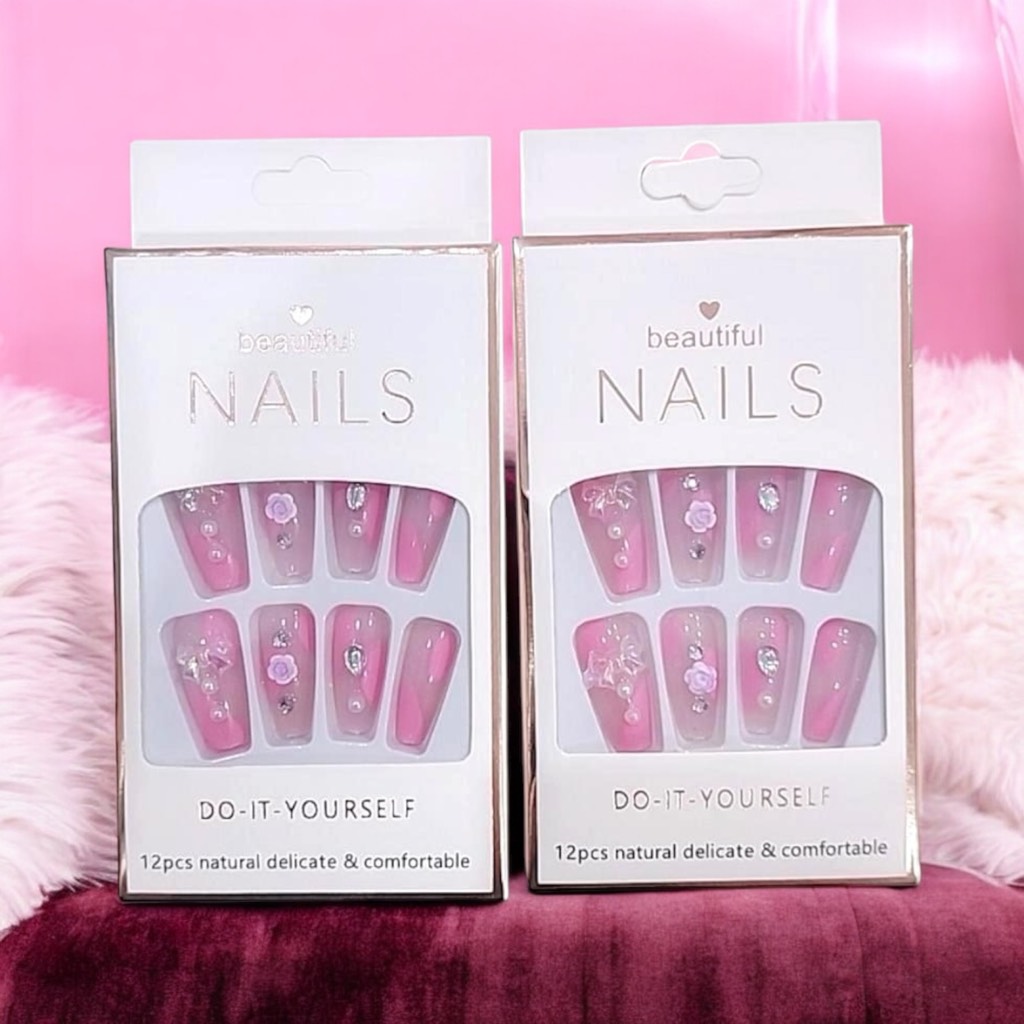Bộ 12 móng tay giả đính hoa và đá Beautiful Nails LY-08 kèm keo dán