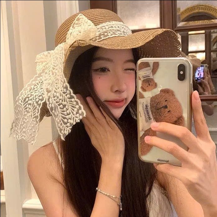 Mũ cói vành thắt nơ ren