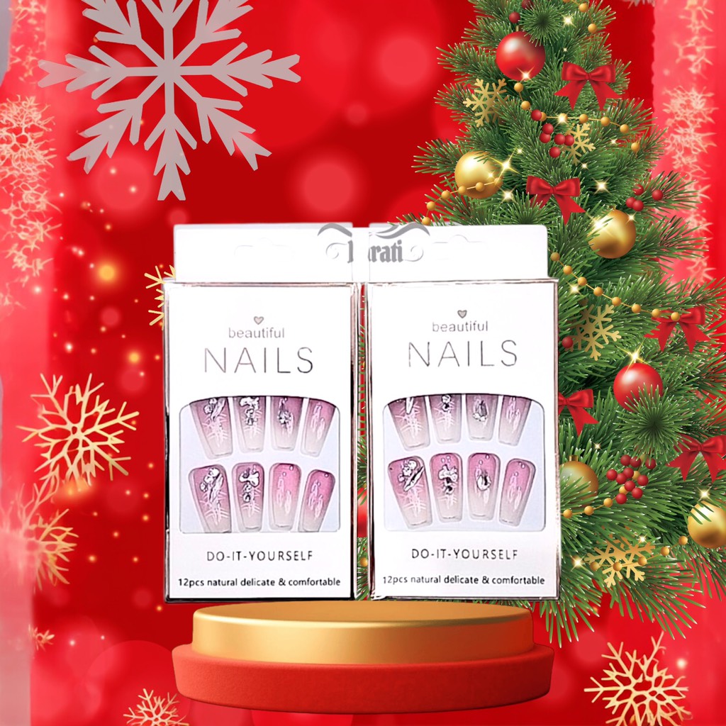 Bộ 12 móng tay giả đính hoa và đá Beautiful Nails LY-08 kèm keo dán