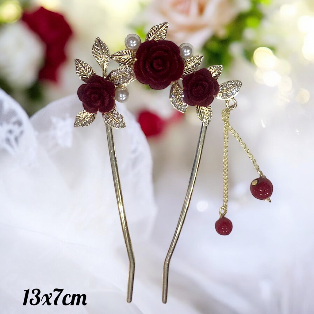 Kẹp tóc chữ u hoạ tiết hoa hồng 13x7cm