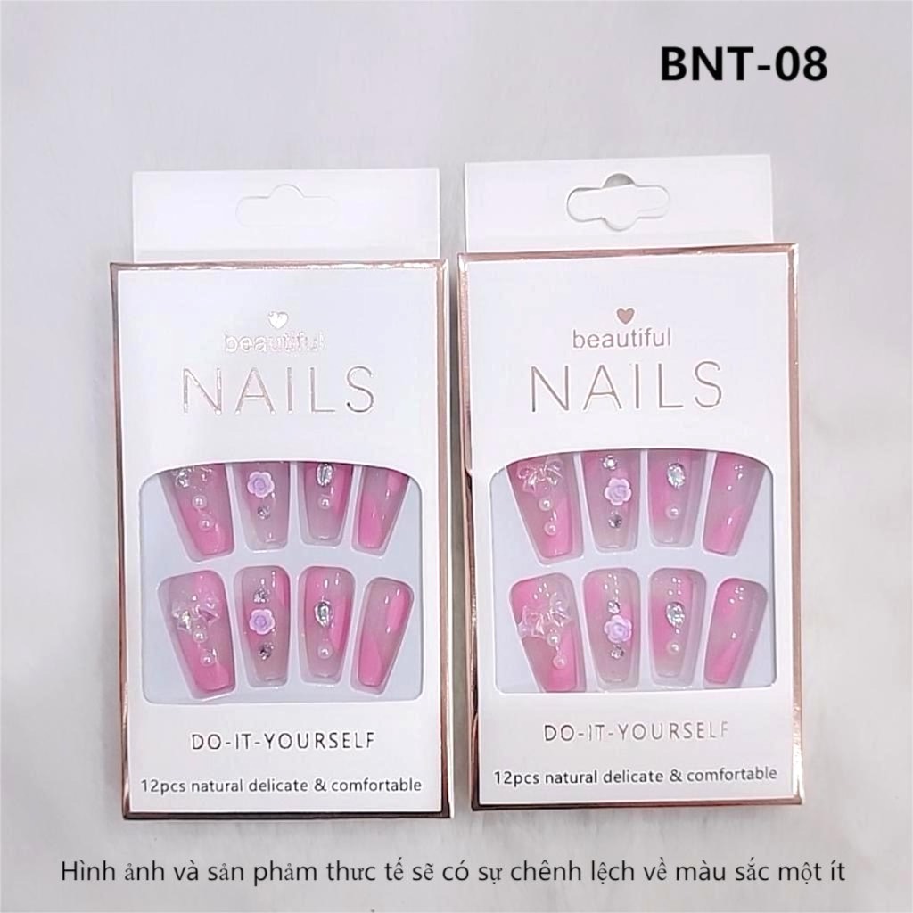Bộ 12 móng tay giả đính hoa và đá Beautiful Nails LY-08 kèm keo dán